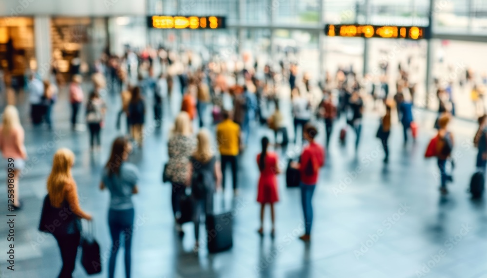 Crowded Airport Terminal with Blurred Passengers Rushing in Different Directions, Travelers Concept Crowded Airport Terminal with Blurred Passengers Rushing in Different Directions, Travelers Concept