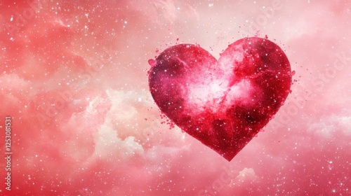 A vibrant heart shape surrounded by a dreamy, pink, cosmic background.