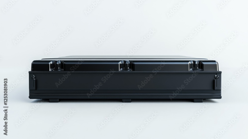 Side profile of a black car battery on a white background, emphasizing its shape and design Side profile of a black car battery on a white background, emphasizing its shape and design