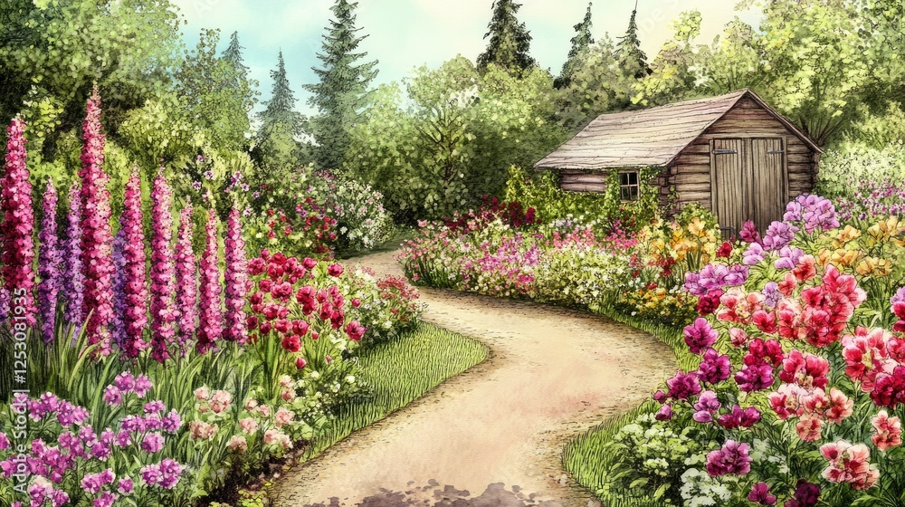 Fototapeta premium Snapdragons in full bloom lining a winding garden path leading to a rustic backyard shed, hand-drawn illustration