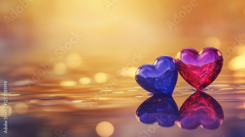 Two colorful heart-shaped objects reflecting on a serene surface, symbolizing love and connection.