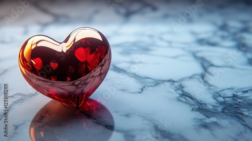 A shiny red heart-shaped object on a marble surface, symbolizing love and affection.