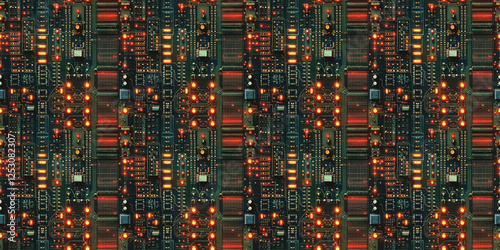 Glowing circuit board with red lights and detailed electronic components photo