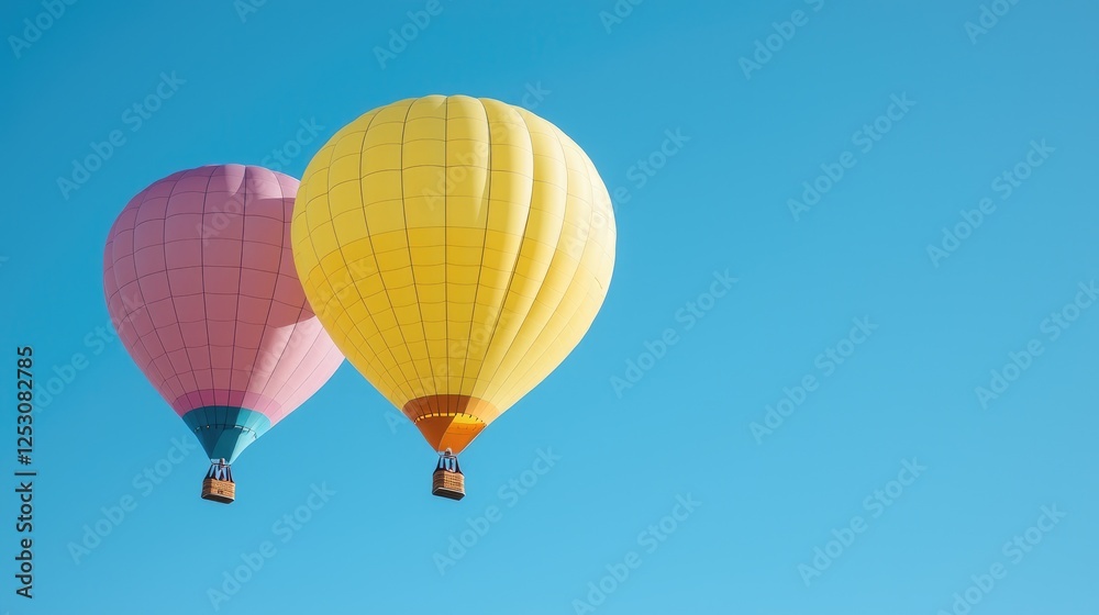 Two colorful hot air balloons against a vibrant blue sky. Possible use travel postcard, children's book illustration Two colorful hot air balloons against a vibrant blue sky. Possible use travel postcard, children's book illustration
