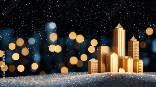 Golden Miniature City Model On Glittery Surface Under Bokeh Lights