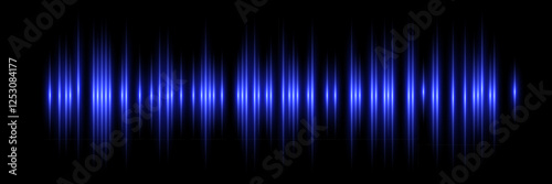 Sound wave. Music audio frequency, voice waveform, electronic radio signal, volume level, track symbol. Noise pulses curve blue line isolated on black. Abstract vector background.