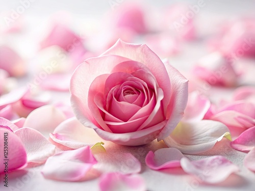 Delicate pink rose petals, macro close-up, isolated on white, soft focus bokeh, romantic floral detail.