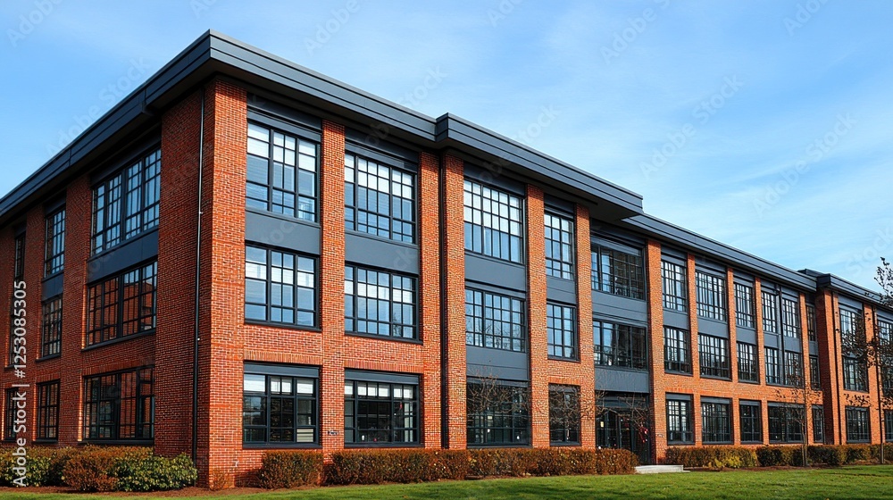 Fototapeta premium Modern brick office building, sunny day, landscaped grounds, business success