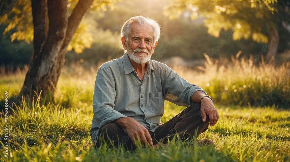 older man sitting peacefully on the grass beneath a tree, smiling with contentment, enjoying a serene moment in nature, bathed in warm sunlight, evoking calmness and joy older man sitting peacefully on the grass beneath a tree, smiling with contentment, enjoying a serene moment in nature, bathed in warm sunlight, evoking calmness and joy