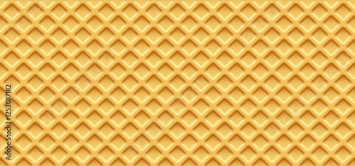 Waffle texture seamless background. Crispy square golden waffle pattern with soft shadows. Ice cream cone backdrop. Realistic vector illustration.