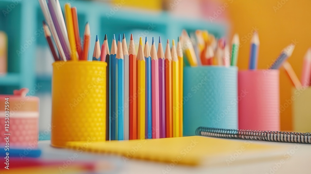 Fototapeta premium School supplies on desk, close-up of colorful pencils, notebooks, and rulers neatly arranged