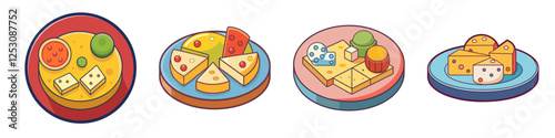 Cheese Plate Illustrations with Various Cheeses and Accompaniments - A set of colorful illustrations featuring cheese plates with various cheese types, crackers, and garnishes, ideal for food platter
