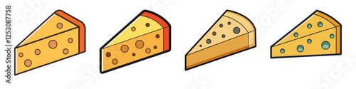Cheese Wedge Illustrations with Different Varieties - A set of illustrations showing cheese wedges in various types, featuring textures like holes and different flavors, ideal for cheese lovers.

