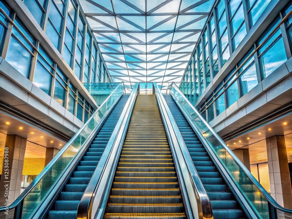 Fototapeta premium Modern Building Escalator and Stairs with Skylight - Architectural Stock Photo