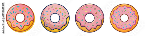 Colorful Donut Illustrations with Sprinkles - A set of fun donut illustrations featuring pink frosting, sprinkles, and a variety of colorful designs, perfect for sweet treats.

