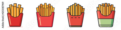 Illustration of Four Portions of French Fries - Cartoon-style illustration of four servings of crispy French fries in red and green containers, perfect for fast food themes.
 
