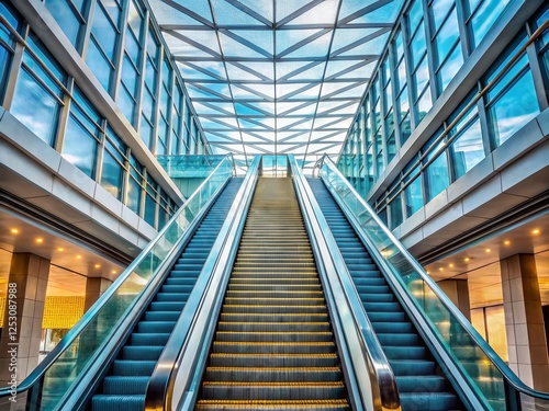 Modern Building Escalator and Stairs with Skylight - Architectural Stock Photo