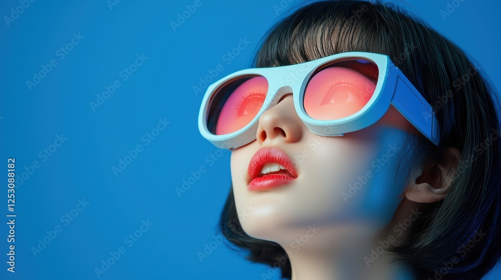 Young Female Model Wearing Oversized Sunglasses with Pink Lenses Young Female Model Wearing Oversized Sunglasses with Pink Lenses