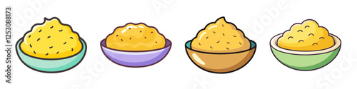 Illustration of Four Bowls of Mashed Potatoes - Cartoon-style illustration of four bowls filled with mashed potatoes, showcasing different bowl colors and textures.

