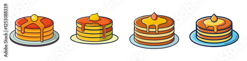 Illustration of Four Pancakes with Syrup - Cartoon-style illustration of four stacks of pancakes, each topped with syrup and other sweet toppings like butter.

