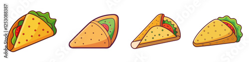 Illustration of Four Tacos and a Quesadill - Cartoon-style illustration of tacos and quesadillas, filled with fresh ingredients like lettuce, tomato, and cheese.

