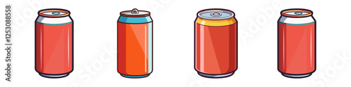Cartoon Soda Cans with Various Designs - A set of cartoon soda cans with different designs, ideal for beverage, refreshment, and drink-related themes.

