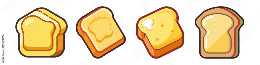 Cartoon Slices of Toast with Butter - A set of cartoon slices of toast, some with butter, ideal for breakfast, snack, or food-related content.
Cartoon Slices of Toast with Butter - A set of cartoon slices of toast, some with butter, ideal for breakfast, snack, or food-related content.