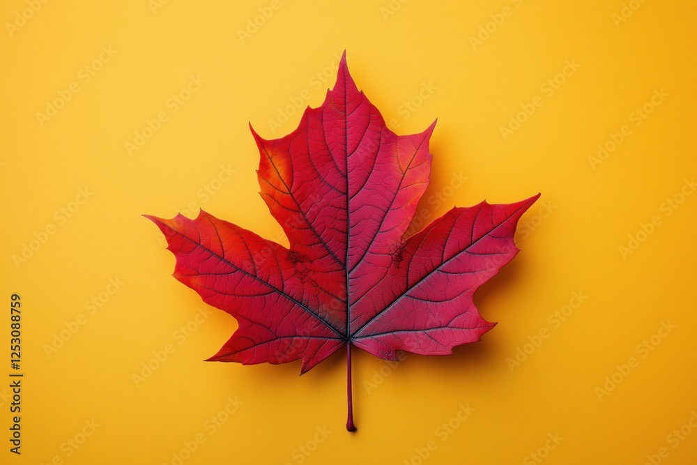 Fototapeta premium Bright red maple leaf against a vibrant yellow background representing autumn season