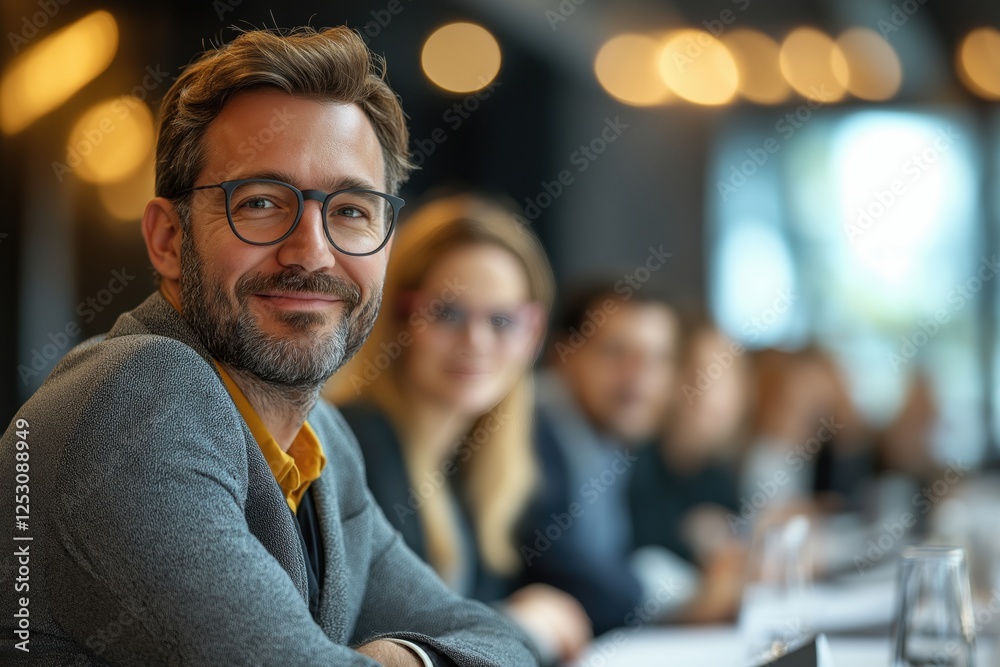 Fototapeta premium Professional attendees engage in a productive conference setting with positive interactions