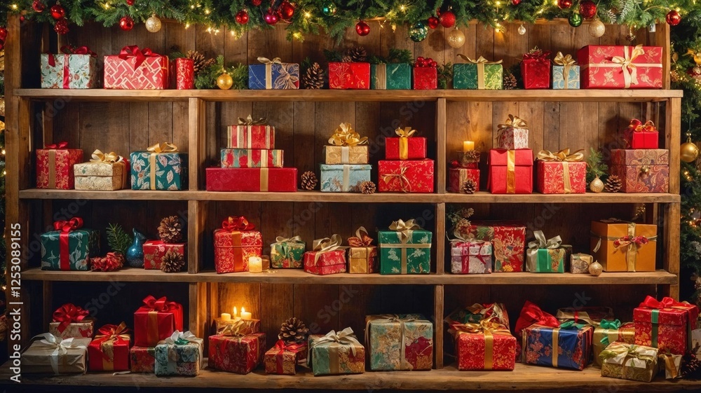 Christmas shelf filled with colorful wrapped presents, golden ribbons, and festive ornaments, perfect for holiday gift ideas, Christmas celebrations, and seasonal decor Christmas shelf filled with colorful wrapped presents, golden ribbons, and festive ornaments, perfect for holiday gift ideas, Christmas celebrations, and seasonal decor