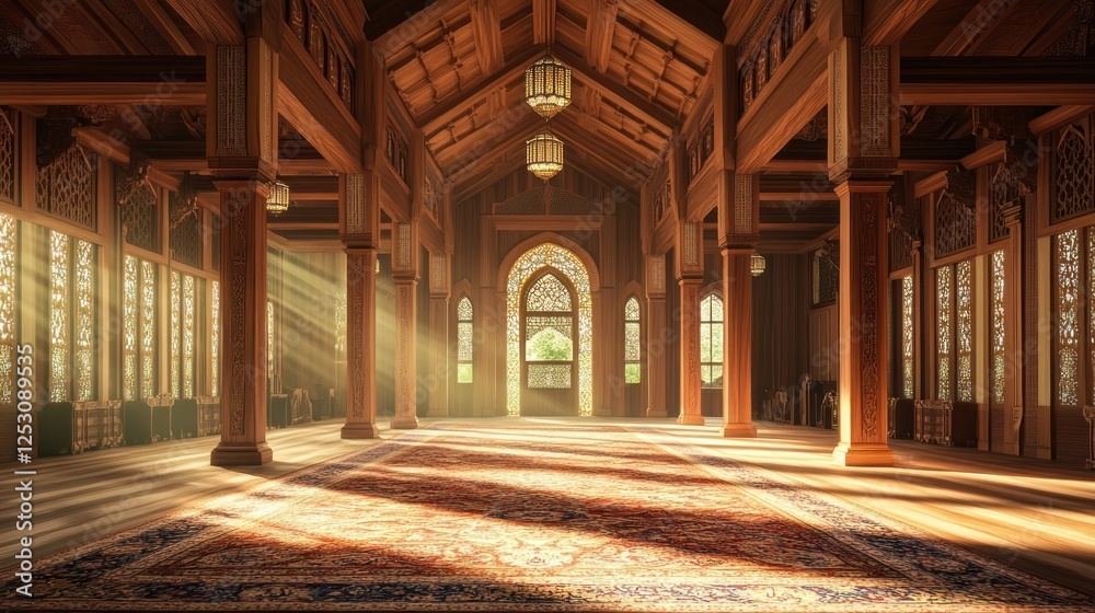 Serene interior of a grand hall with wooden beams, intricate patterns, and sunlight streaming through Serene interior of a grand hall with wooden beams, intricate patterns, and sunlight streaming through