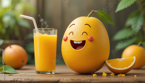 A cheerful depiction of a smiling fruit character alongside a fresh glass of juice on a wooden table with greenery in the background, creating a lively and refreshing atmosphere
