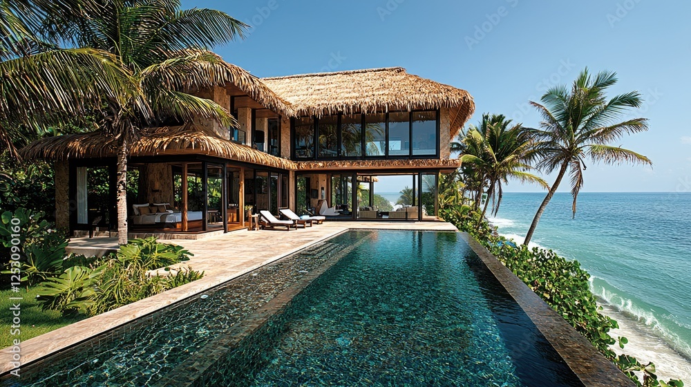 Fototapeta premium Tropical Oceanfront Villa with Infinity Pool and Palm Trees