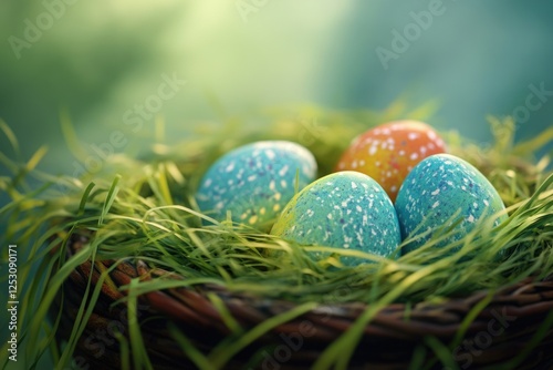 Colorful Easter eggs with candied shells and sprinkles, arranged in a grassy basket. Vibrant and festive image. photo