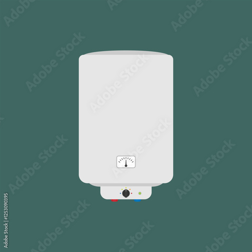 Modern white water heater with a gauge and a control knob. Flat style boiler vector illustration isolated on green background