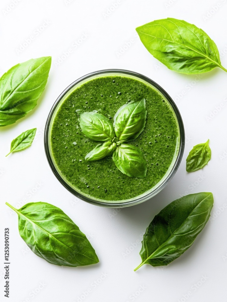 Obraz premium A delicious and nutritious pesto smoothie bowl, perfect for a healthy meal or snack. Topped with fresh basil leaves and possibly other gourmet ingredients.