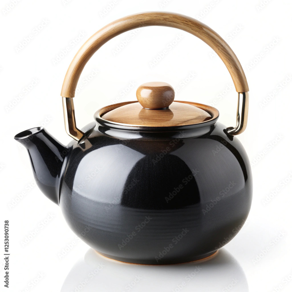 This black ceramic teapot has a circular body, a smooth, glossy surface, and a wooden handle and lid for a sophisticated appearance. On a white background, isolated This black ceramic teapot has a circular body, a smooth, glossy surface, and a wooden handle and lid for a sophisticated appearance. On a white background, isolated