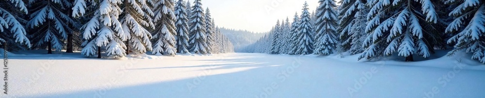A smooth and untouched snowfield lies in the heart of a forest, winter wonderland, winter landscape, snow-clad woods A smooth and untouched snowfield lies in the heart of a forest, winter wonderland, winter landscape, snow-clad woods