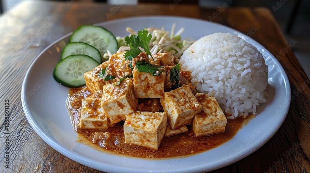 A deliciously spicy Pad Kra Pao tofu dish, plated with precision on a rustic wooden table, accompanied by steamed rice and a side of cucumber slices. A deliciously spicy Pad Kra Pao tofu dish, plated with precision on a rustic wooden table, accompanied by steamed rice and a side of cucumber slices.