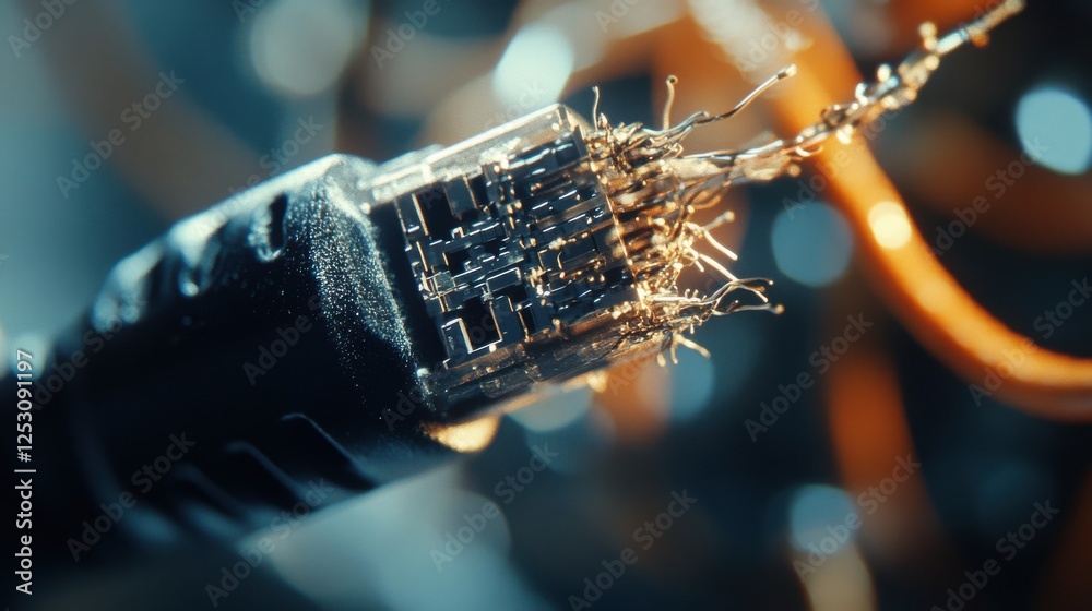 A detailed shot of an Ethernet cable being stripped, showing the inner wires and network components, with focused lighting for a clear, sharp image. A detailed shot of an Ethernet cable being stripped, showing the inner wires and network components, with focused lighting for a clear, sharp image.