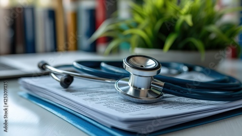 Stethoscope resting on medical documents with a green plant in a bright office setting
