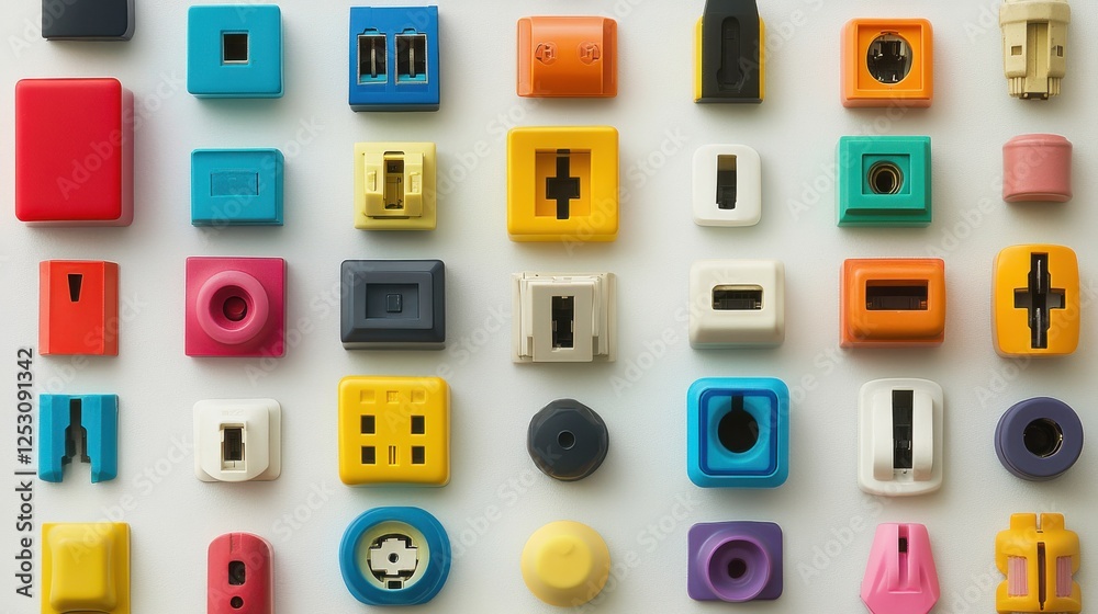 Fototapeta premium A display of assorted electrical plugs and sockets in vibrant colors, laid out on a neutral background for a high-contrast, eye-catching composition.