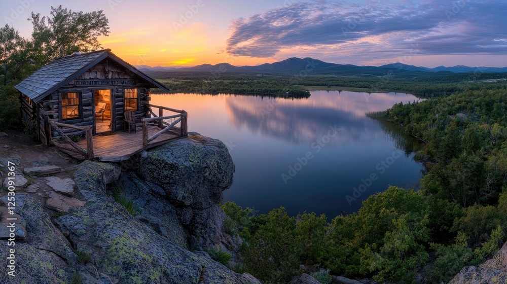 Obraz premium Mountain Cabin Lakeside Sunset Serenity