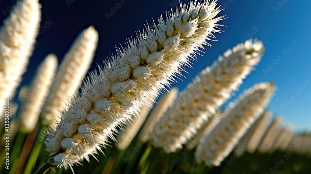 Naklejka premium White fluffy plants field, sunset background, nature wallpaper