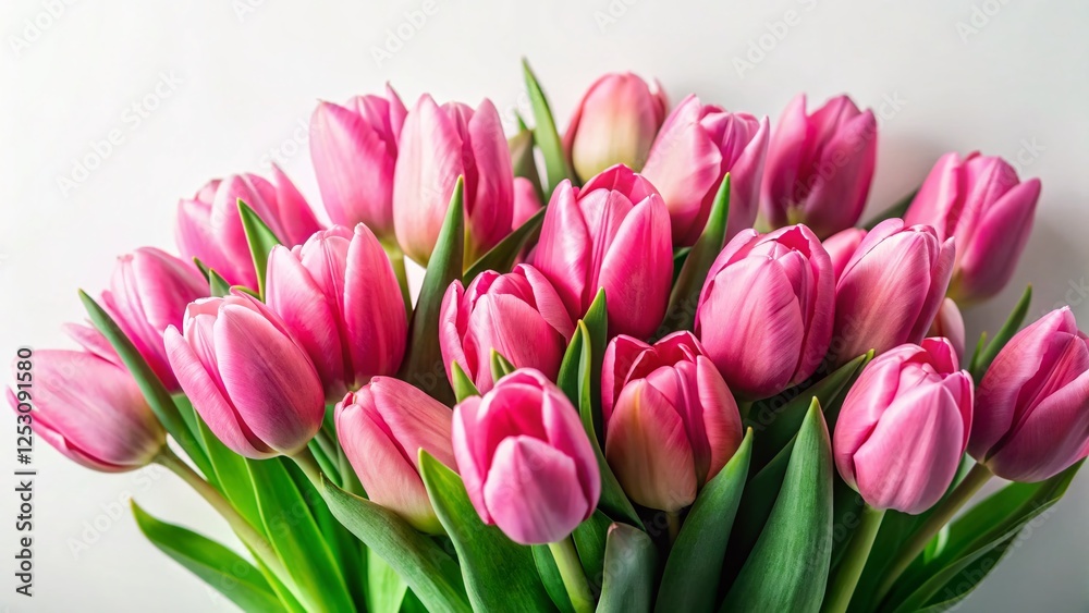Close-up Pink Tulip Bouquet, Delicate Spring Flowers on White Close-up Pink Tulip Bouquet, Delicate Spring Flowers on White