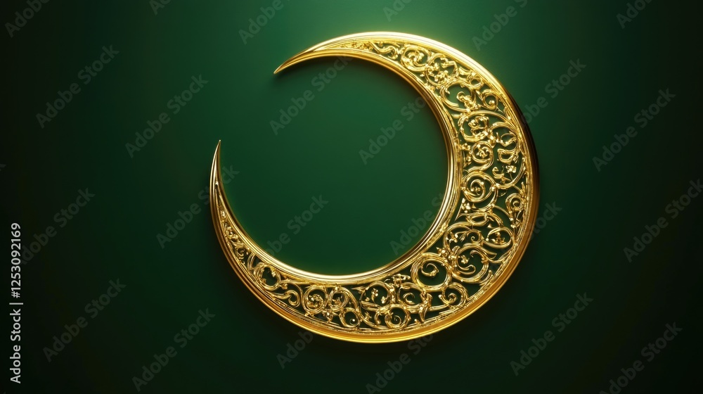 Golden crescent moon with intricate calligraphy style on a green background, symbolizing Islamic traditions. Golden crescent moon with intricate calligraphy style on a green background, symbolizing Islamic traditions.