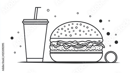 Simple line art illustration of burger and soda photo