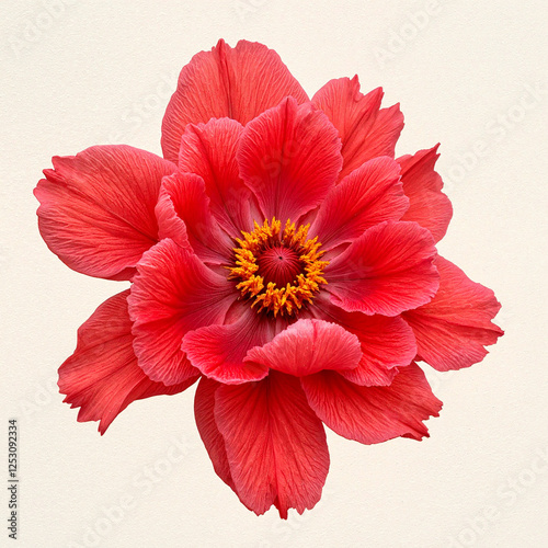 Vibrant red peony blooms gracefully on soft white background, beauty