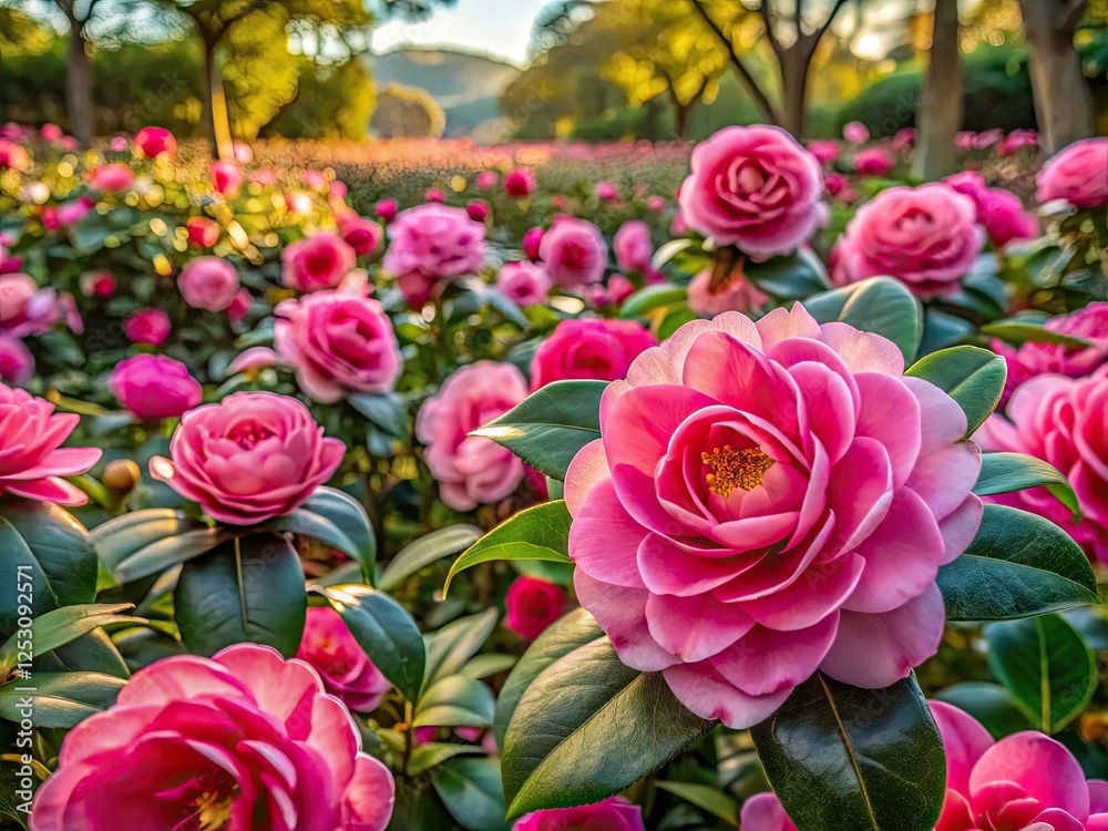 Luminous pink camellias burst in a panoramic spring blossom, showcasing vibrant garden scenery. Luminous pink camellias burst in a panoramic spring blossom, showcasing vibrant garden scenery.