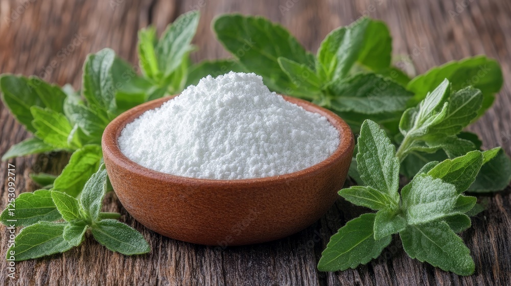 A bowl of white powder surrounded by green leaves, likely a natural sweetener. A bowl of white powder surrounded by green leaves, likely a natural sweetener.